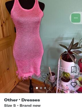 Pink Knit Tank Dress with Fringed Hem